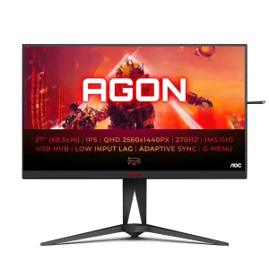 AOC AG275QZ/EU 27" Quad HD Gaming Monitor - 270Hz, 0.5ms, IPS, FreeSync Premium and G-SYNC Compatible, Height Adjustable, Speakers, Black and Red