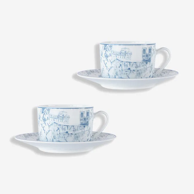 Bernardaud | Tout Paris Teacup & Saucer - Set of 2 - White & Blue