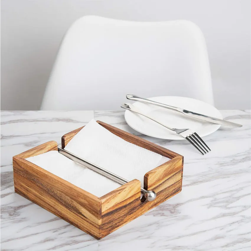 Ironwood | Acacia Wood Napkin Holder with Weighted Stainless Steel Center Bar