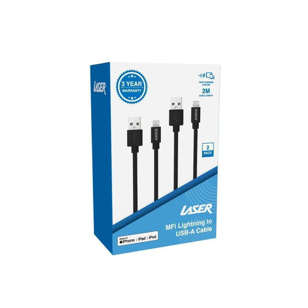 Laser 2m MFi Lightning to USB-A Cable 2 Pack Black/Black