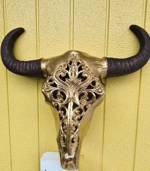METALLIC GOLD CARVED BULL SKULL-painted gold by me 1 only