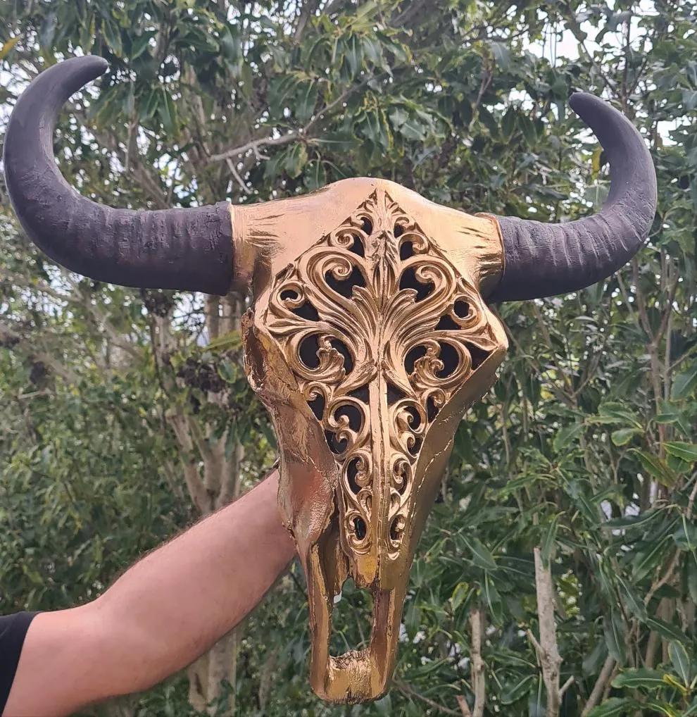 METALLIC GOLD CARVED BULL SKULL-painted gold by me 1 only