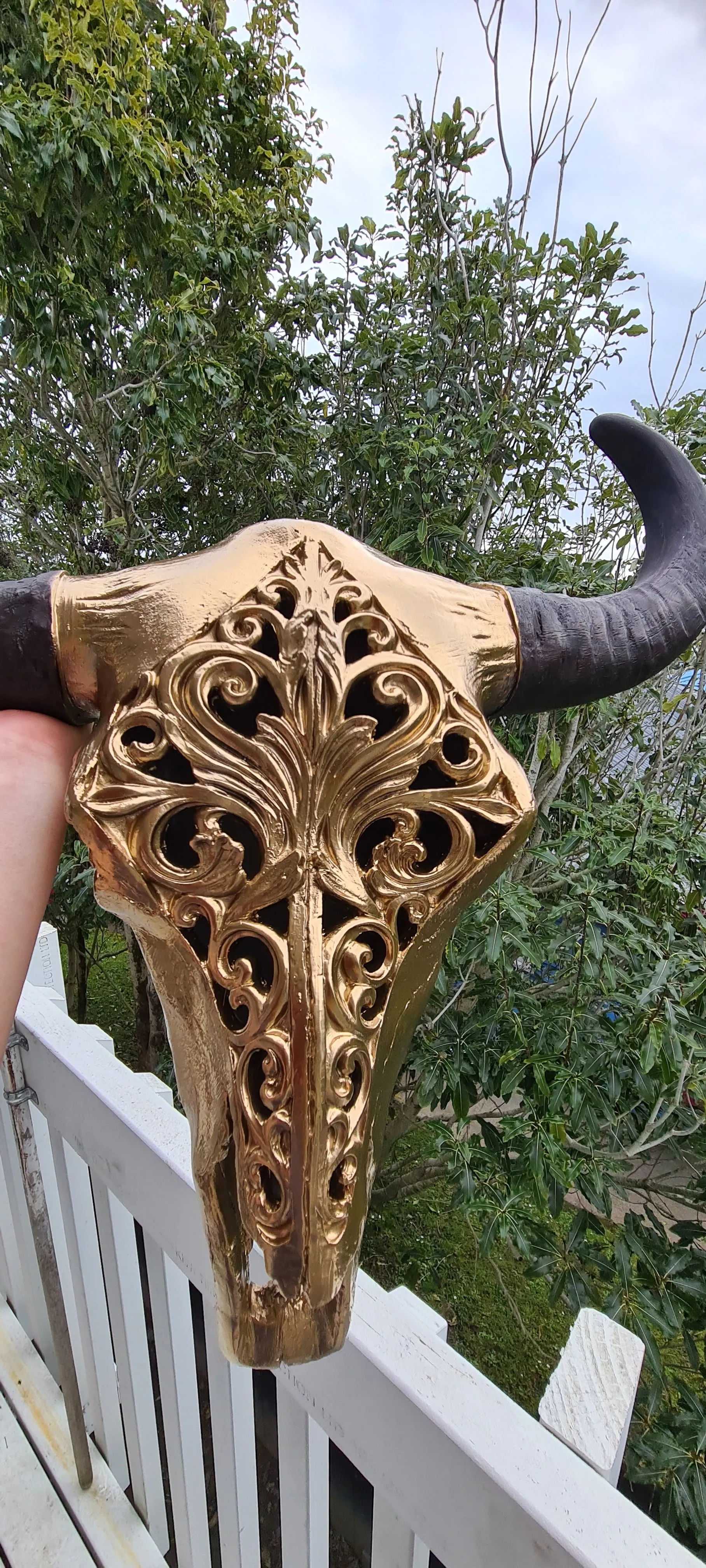 METALLIC GOLD CARVED BULL SKULL-painted gold by me 1 only