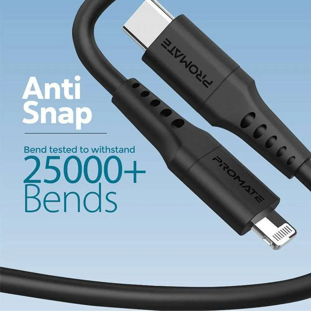 Promate 20W USB-C to Lightning Charge Cable 2m Black