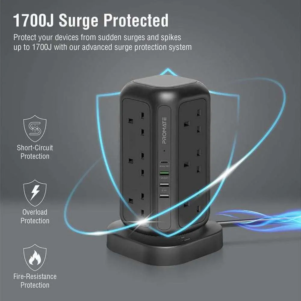 Promate 3250W/32W 12 Socket Power Tower 20W 4 USB Ports #POWERTOWER-5