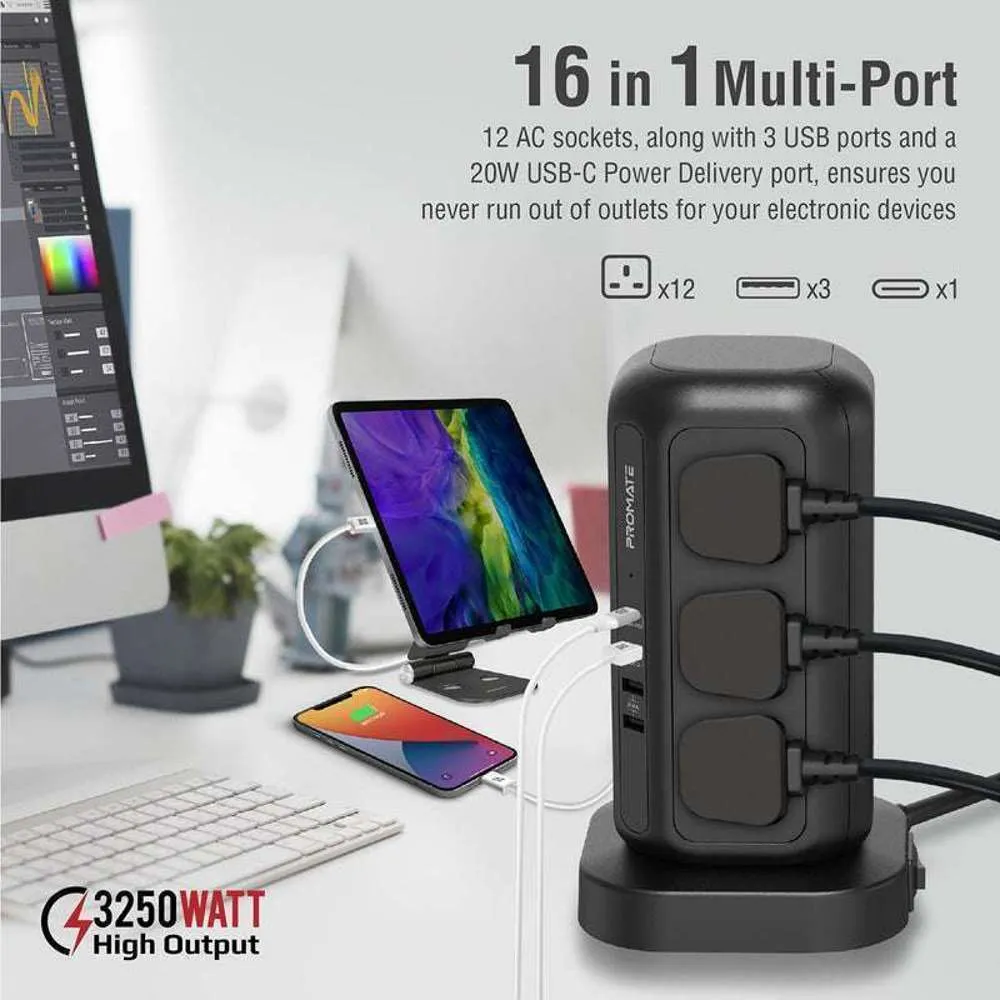 Promate 3250W/32W 12 Socket Power Tower 20W 4 USB Ports #POWERTOWER-5