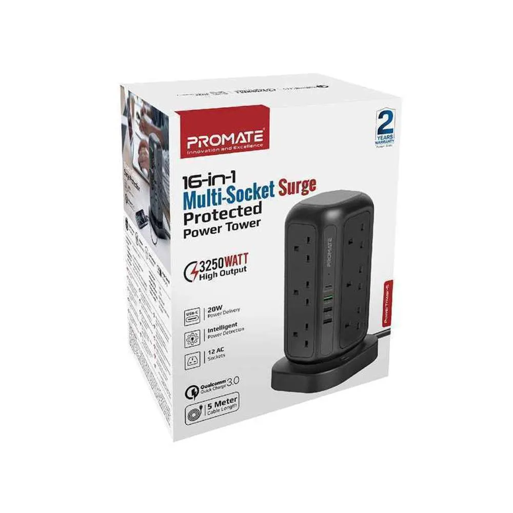 Promate 3250W/32W 12 Socket Power Tower 20W 4 USB Ports #POWERTOWER-5