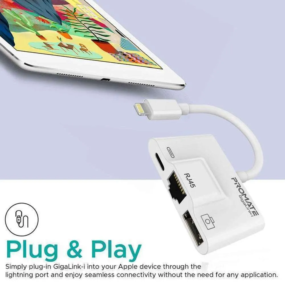 Promate Apple Lightning Hub 100Mbps Ethernet USB Port Charging Input