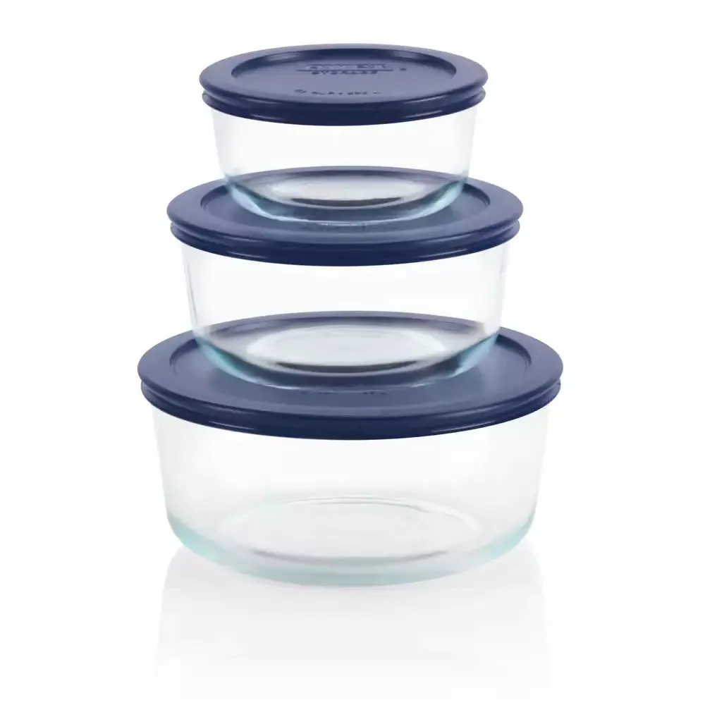 Pyrex Glass Container Round with Blue Lid 6pc