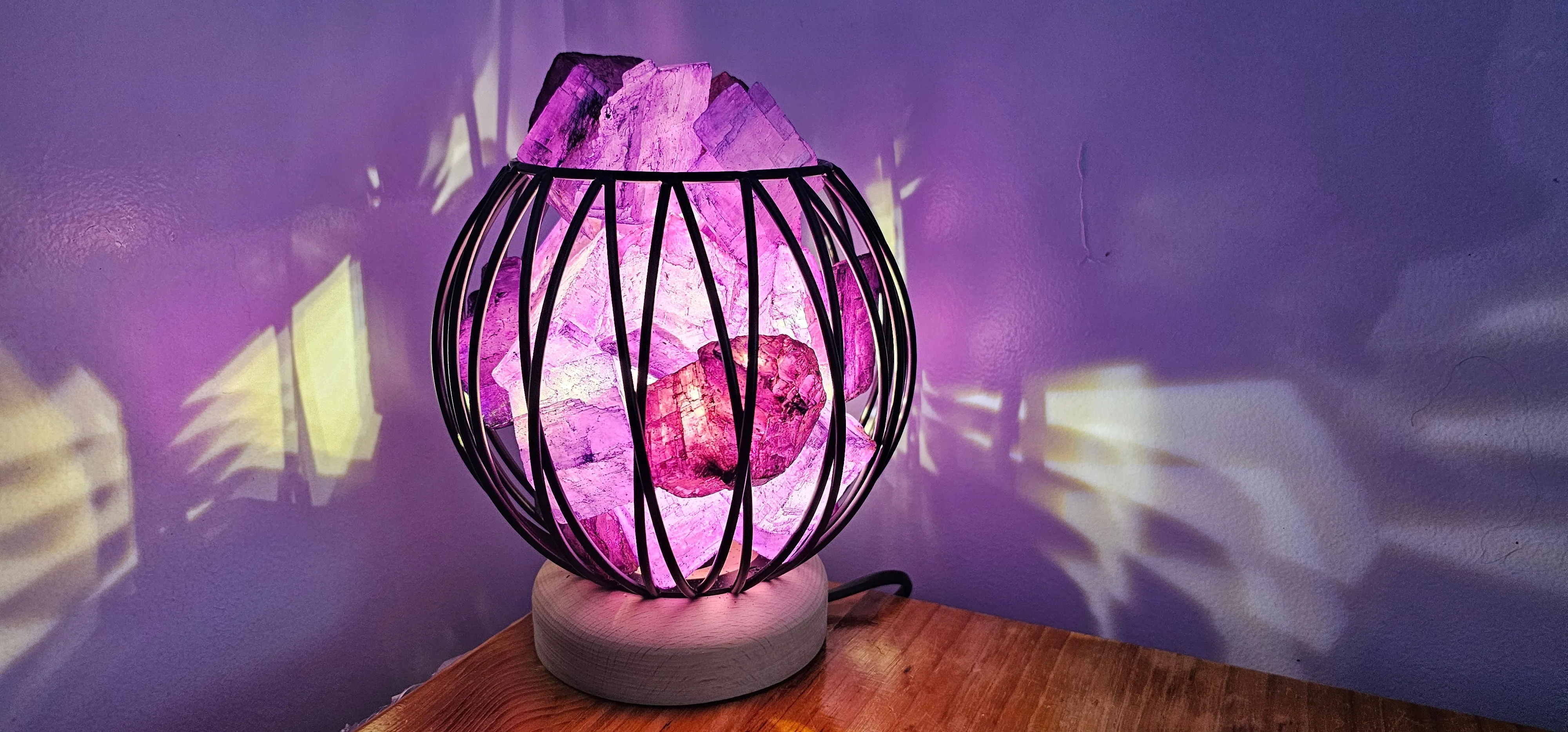 STUNNING DYED CLEAR QUARTZ IN AMETHYST COLOUR TONES CRYSTAL  CAGE LAMP no2