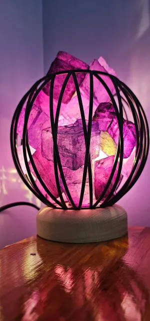 STUNNING DYED CLEAR QUARTZ IN AMETHYST COLOUR TONES CRYSTAL  CAGE LAMP no2